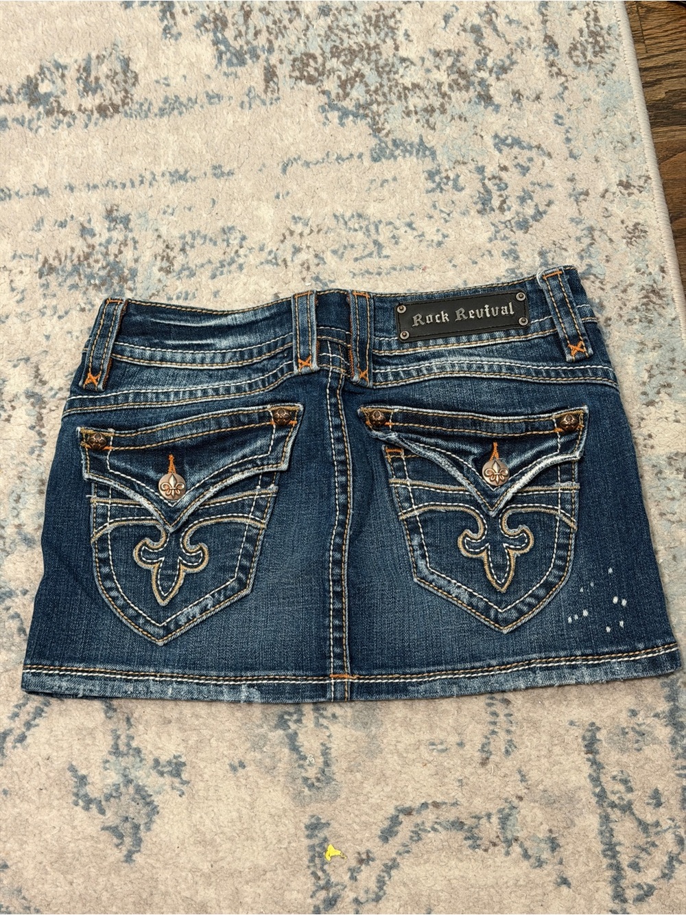 Vintage ROCK REVIVAL Y2K Belinda Denim Jean Mini Skirt Flap Fleur De Lis 27
